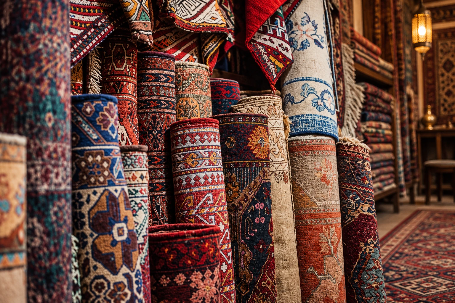 Expert examinant les caractéristiques d’un tapis d’Orient